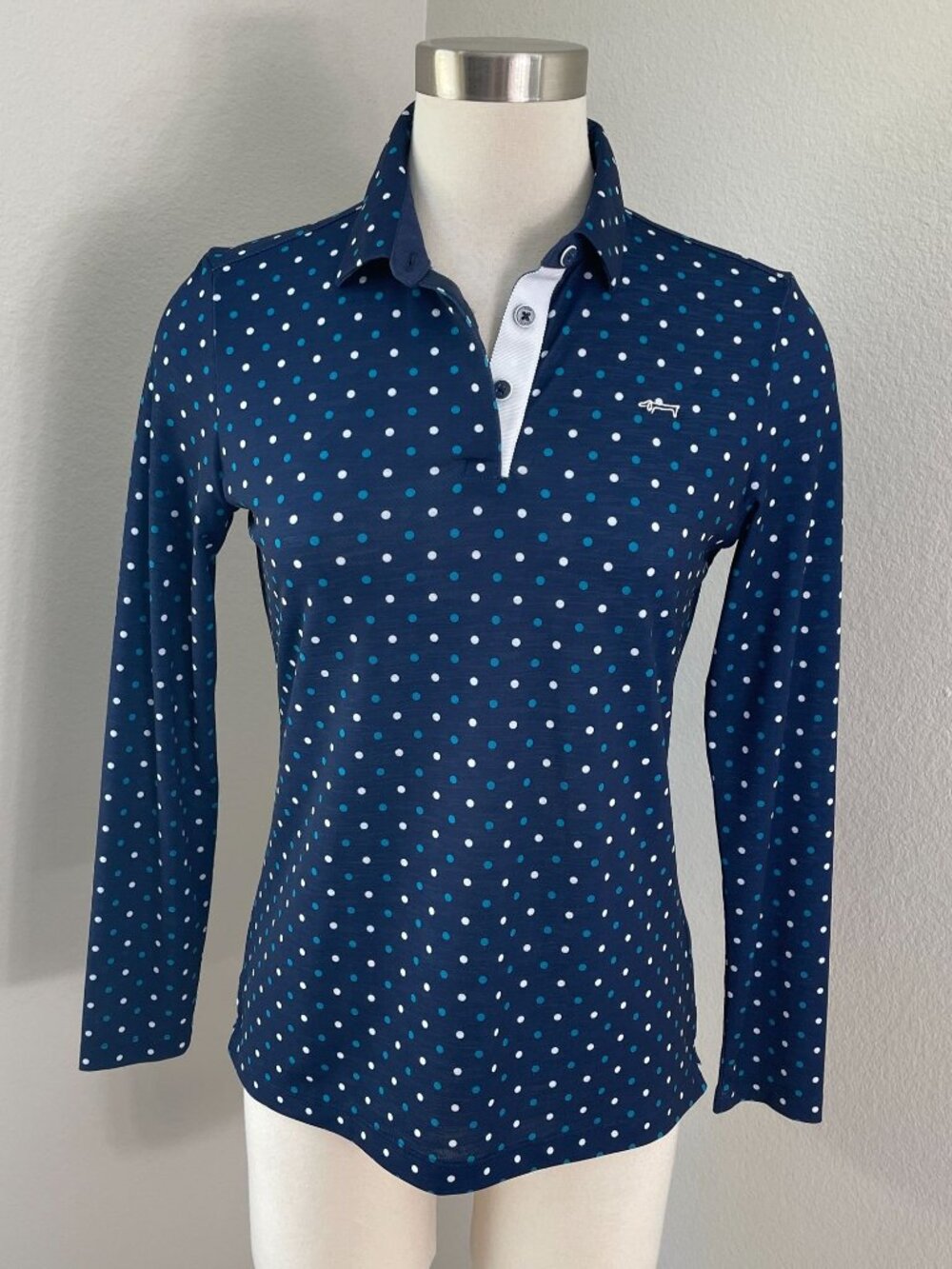 Louis Castel Womens 95 US Small Navy Polka Dot‎ Long Sleeve Golf Polo Shirt Top